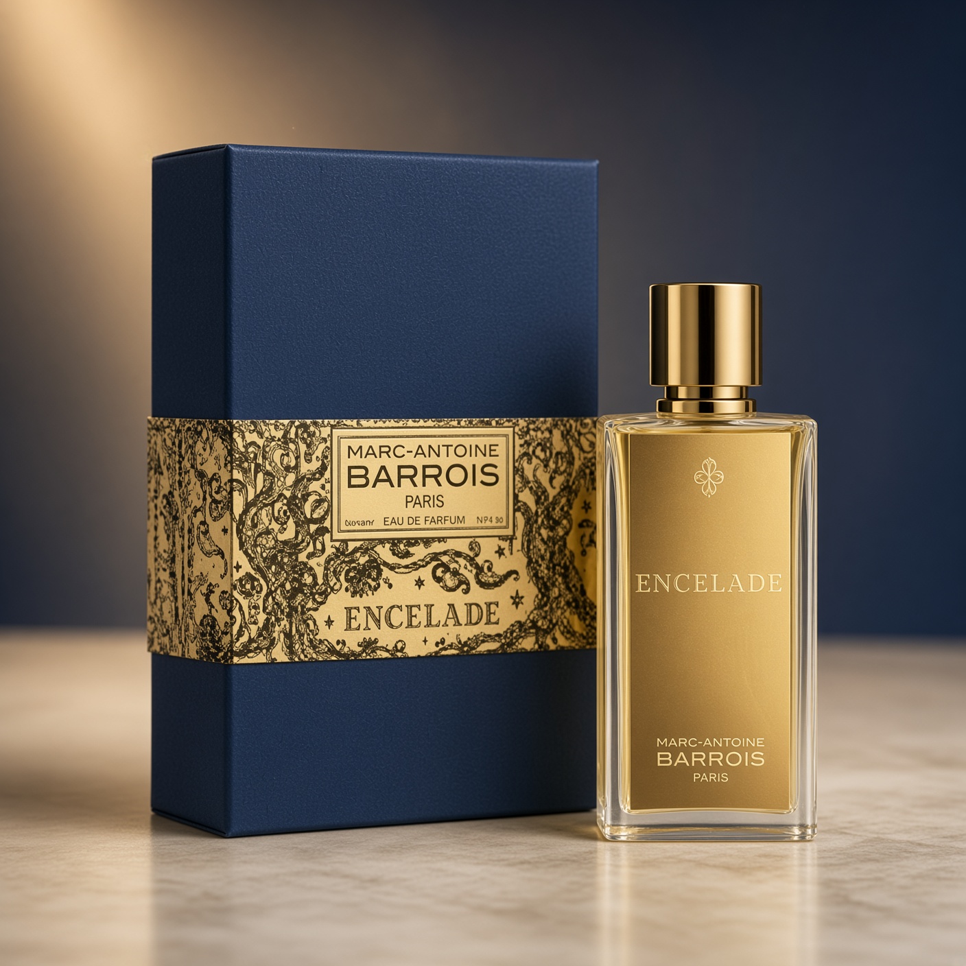 Marc-Antoine Barrois ENCELADE — флакон и синяя коробка с золотой лентой